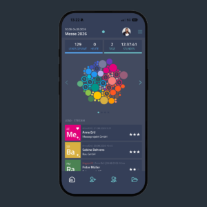 Smartphone showing the myStandLeads dashboard with lead counter, trade show countdown and a colourful bubble chart of captured leads