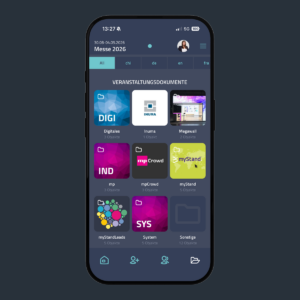 Smartphone showing myStandLeads with event documents as tiles, organised in folders and filterable by language